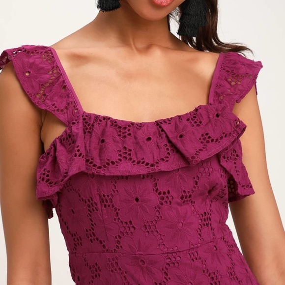Lulu’s Biscay Magenta Ruffled Eyelet Lace Sleeveless Dress in Large - Picture 4 of 15